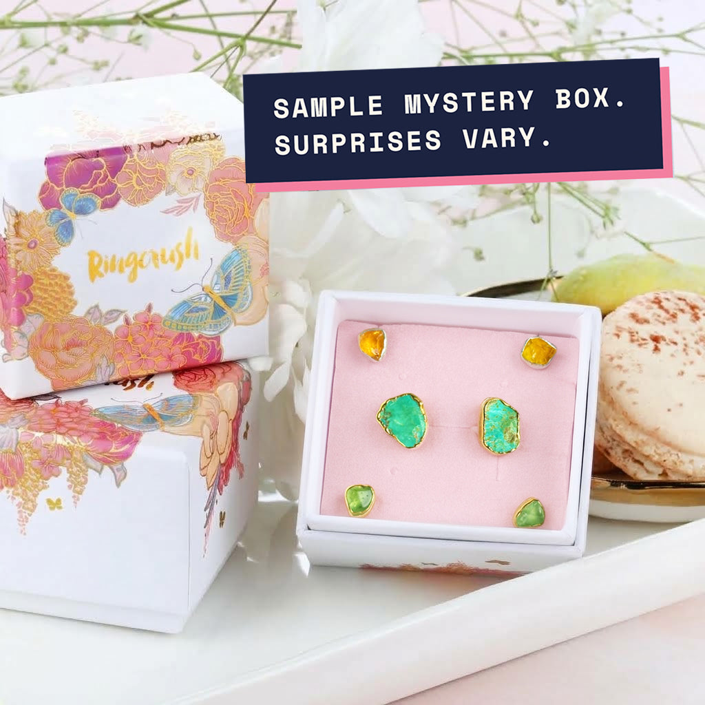 Sample Ringcrush earring mystery box with three pairs of raw gemstone studs