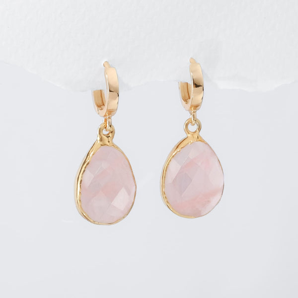 Rose Quartz Huggie Earrings • Chunky 14k Gold Filled Hoops •