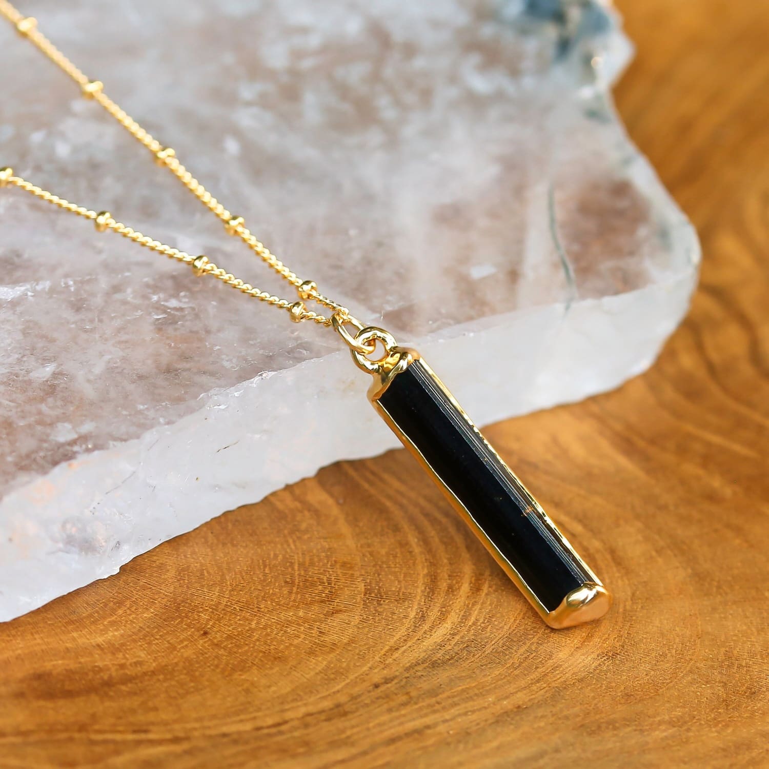 Gold Raw Black Tourmaline Pendant Three Layered Necklace Set • Raw