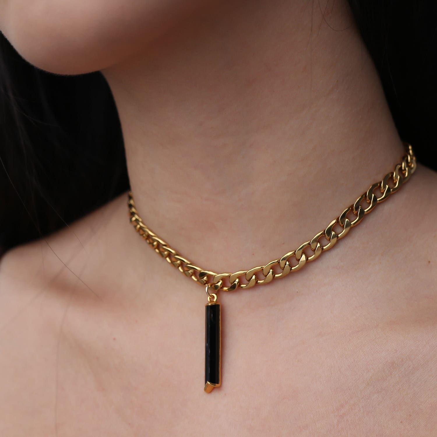 Tourmaline Cuban Link Choker Necklace • Raw Crystal Pendant