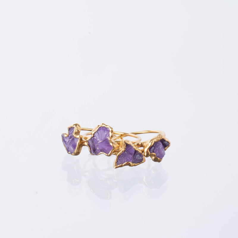 Triple Raw Amethyst Cluster Ring Stone Gold Statement