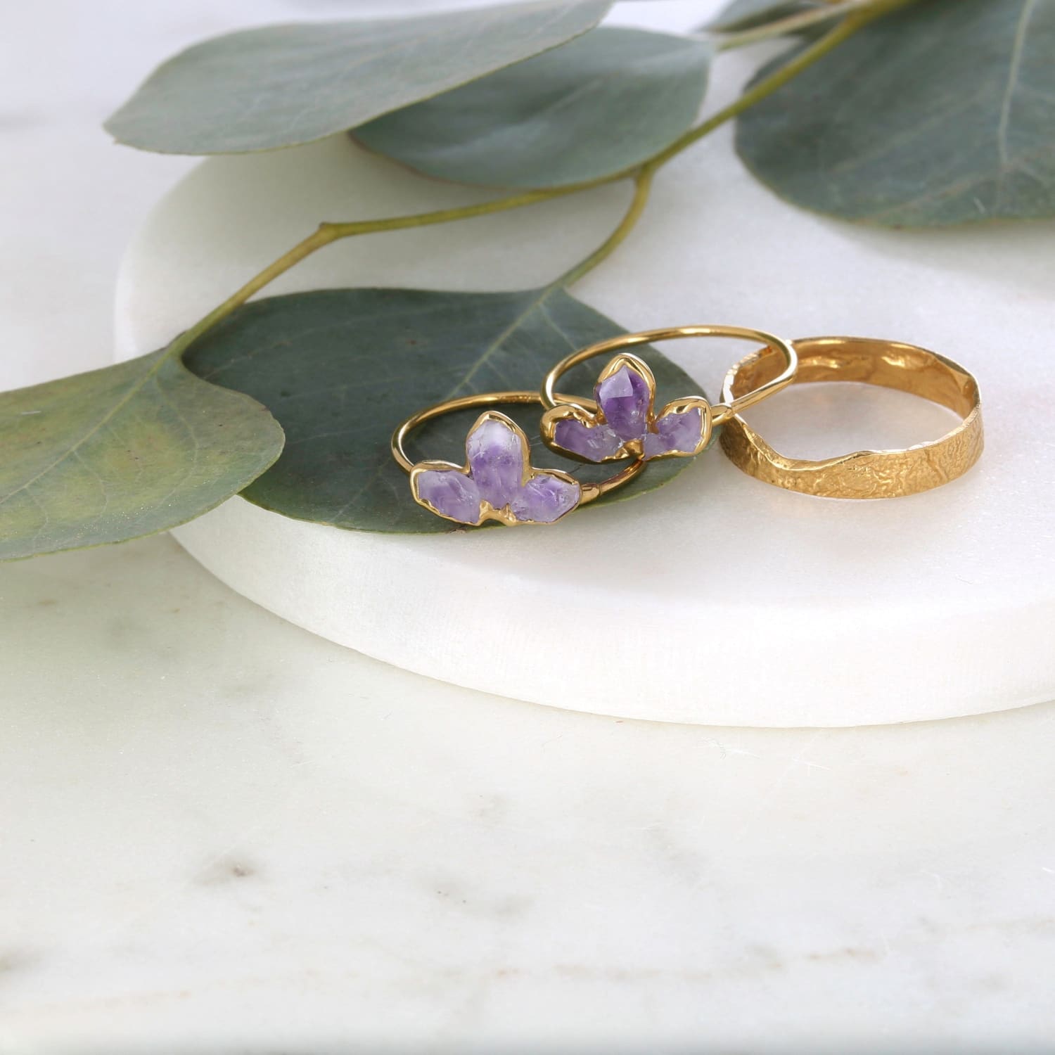 Triple Raw Amethyst Fan Ring • Gold Filled • Unique Edgy