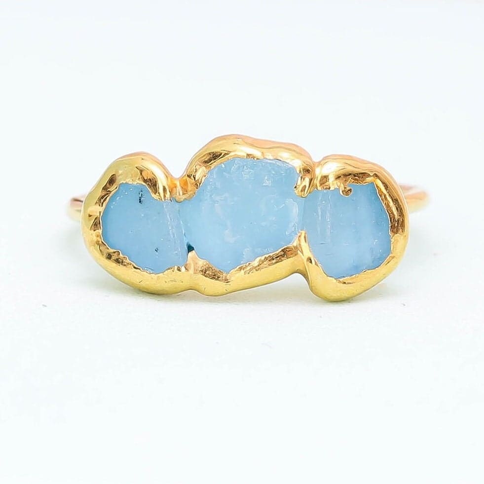 Triple Raw Aquamarine Ring for Women Gold Dainty Delicate