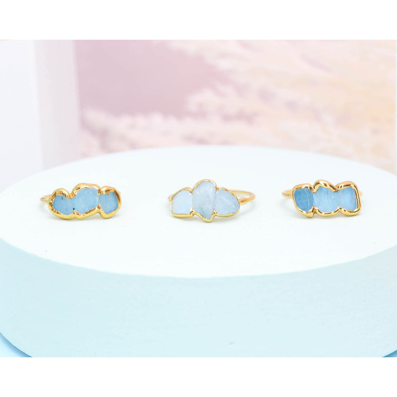 Triple Raw Aquamarine Ring for Women Gold Dainty Delicate