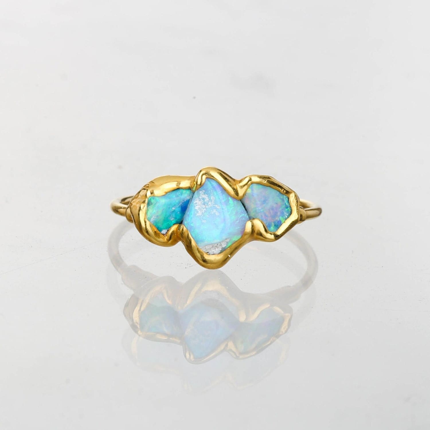Triple Raw Opal Ring for Women Gold Unique Gift Her Gemstone