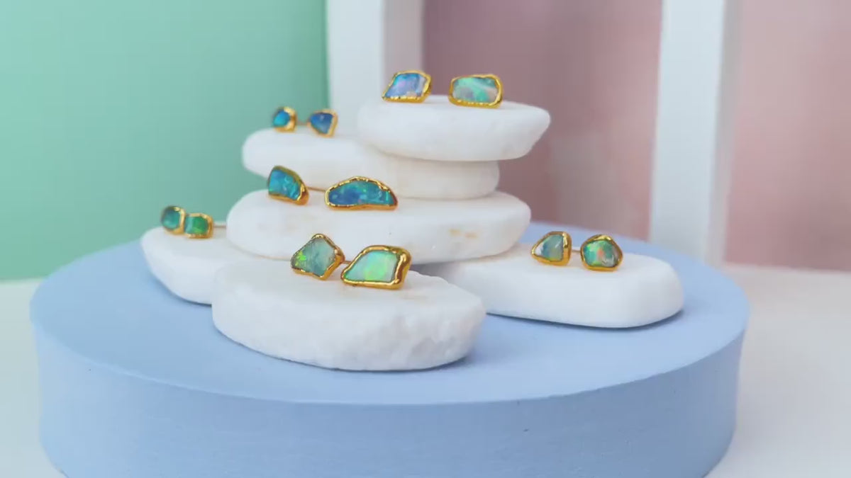 Mini Raw Opal Earrings, Gold Stud Earrings, Boho Earrings, Unique Gift for Women, Dainty Earrings, October Birthstone Earrings, Opal Jewelry