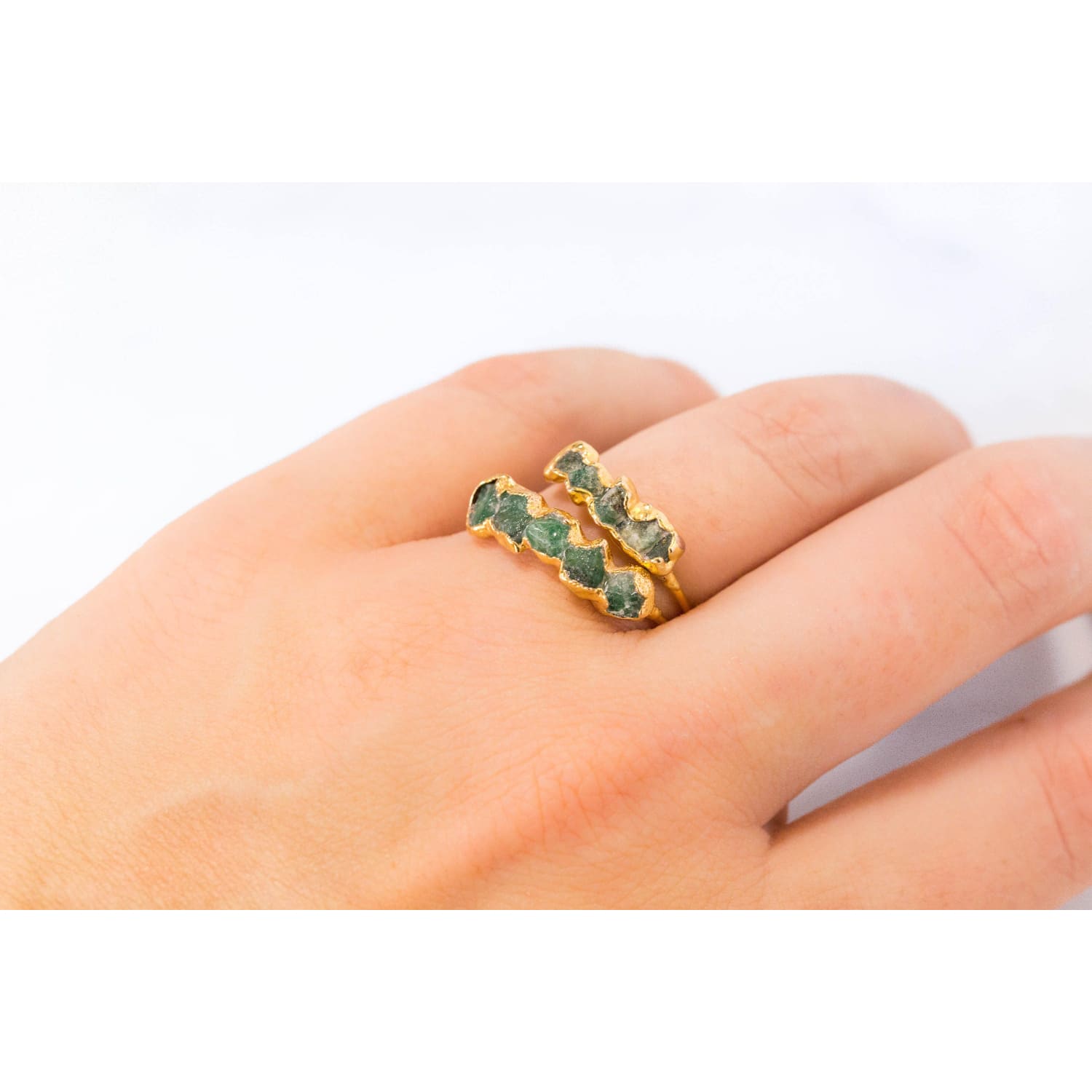 5 Stone Raw Emerald Ring in Rose Gold Gemstone Jewelry Rough