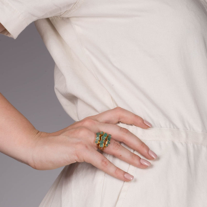 5 Stone Raw Emerald Ring in Yellow Gold Gemstone Jewelry