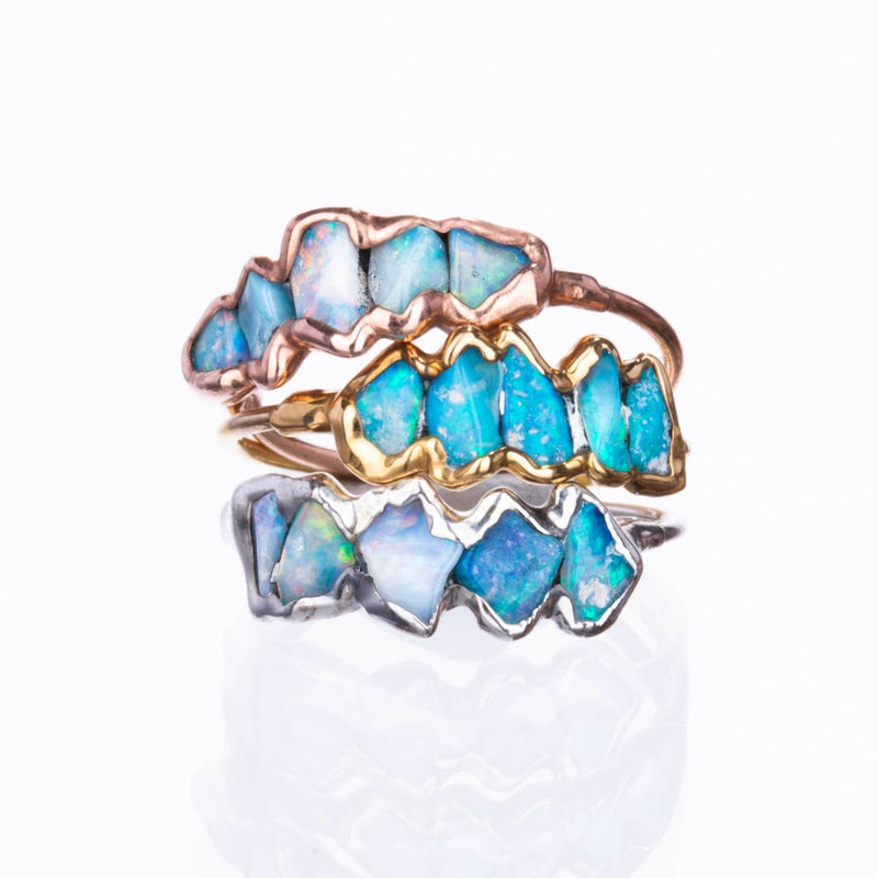 5 Stone Raw Opal Ring in Yellow Gold Gemstone Jewelry Rough