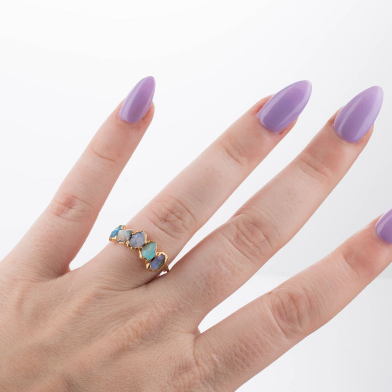 5 Stone Raw Opal Ring in Yellow Gold Gemstone Jewelry Rough