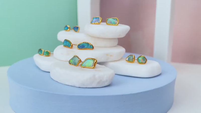 Raw Opal Earrings, Raw Stone Earrings, Gold Opal Stud Earrings, Unique Gift, Dainty Earrings, October Birthstone Earrings, Opal Jewelry