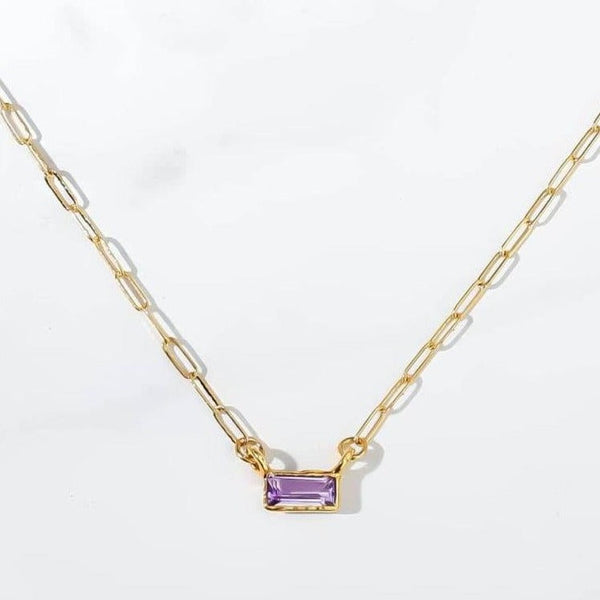 Amethyst Dainty Baguette Necklace Raw Gemstone Jewelry Rough