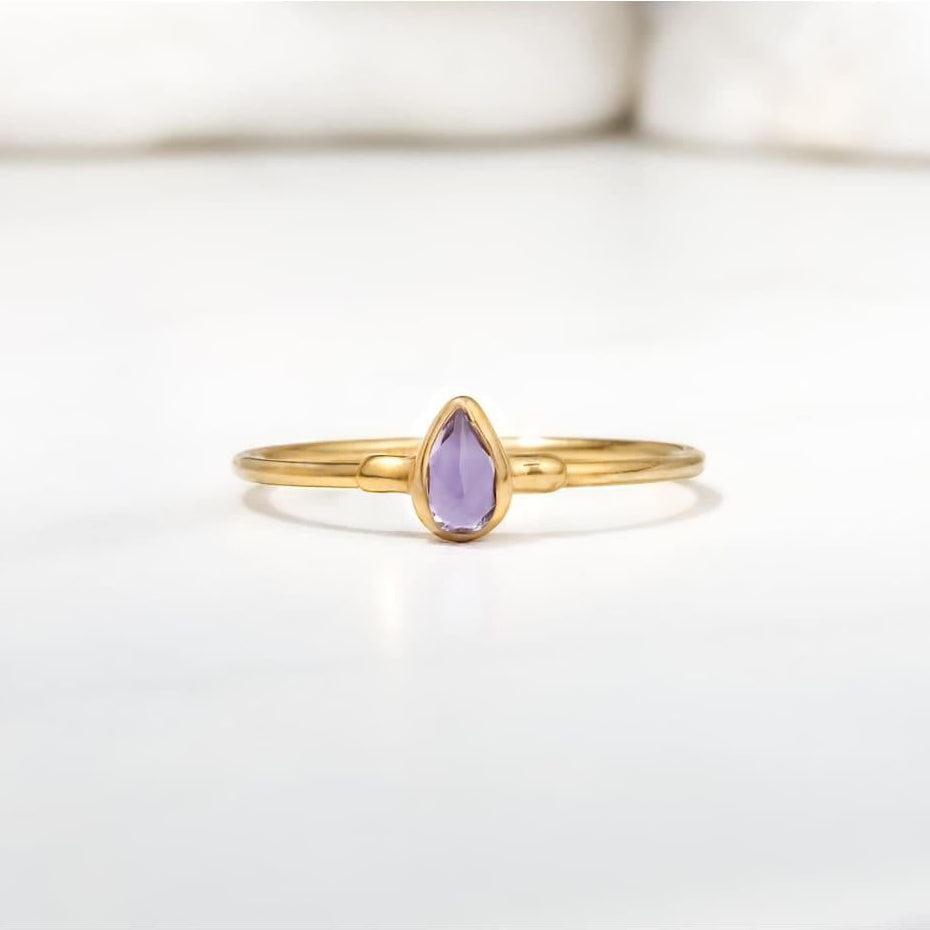 Amethyst Dainty Pear Ring Raw Gemstone Jewelry Rough Crystal