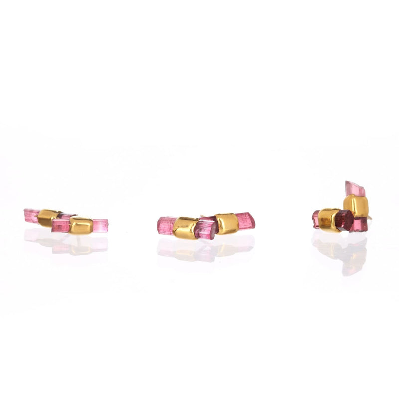 Belted Raw Pink Tourmaline Stud Earrings Gemstone Jewelry