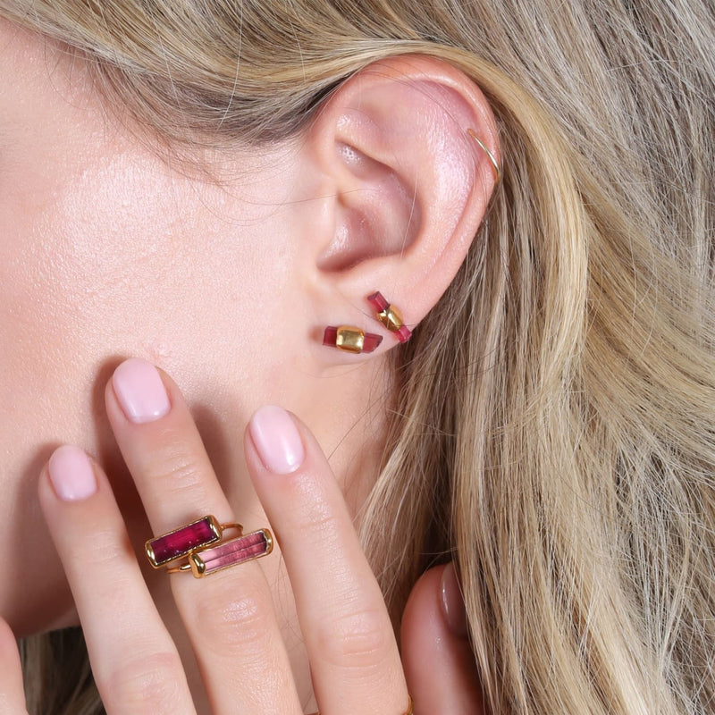 Belted Raw Pink Tourmaline Stud Earrings Gemstone Jewelry