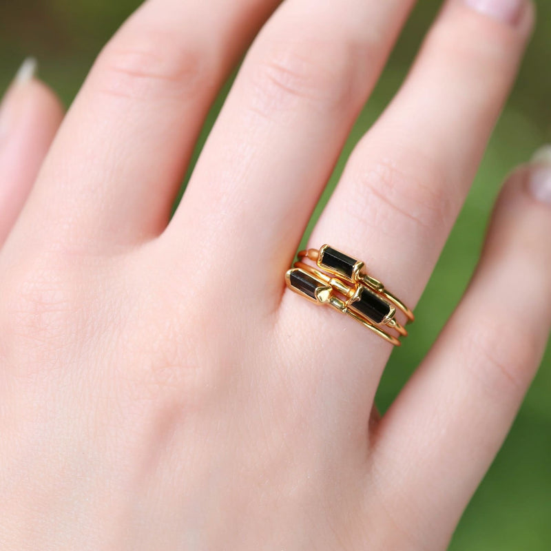 Dainty Black Tourmaline Baguette Ring Raw Gemstone Jewelry