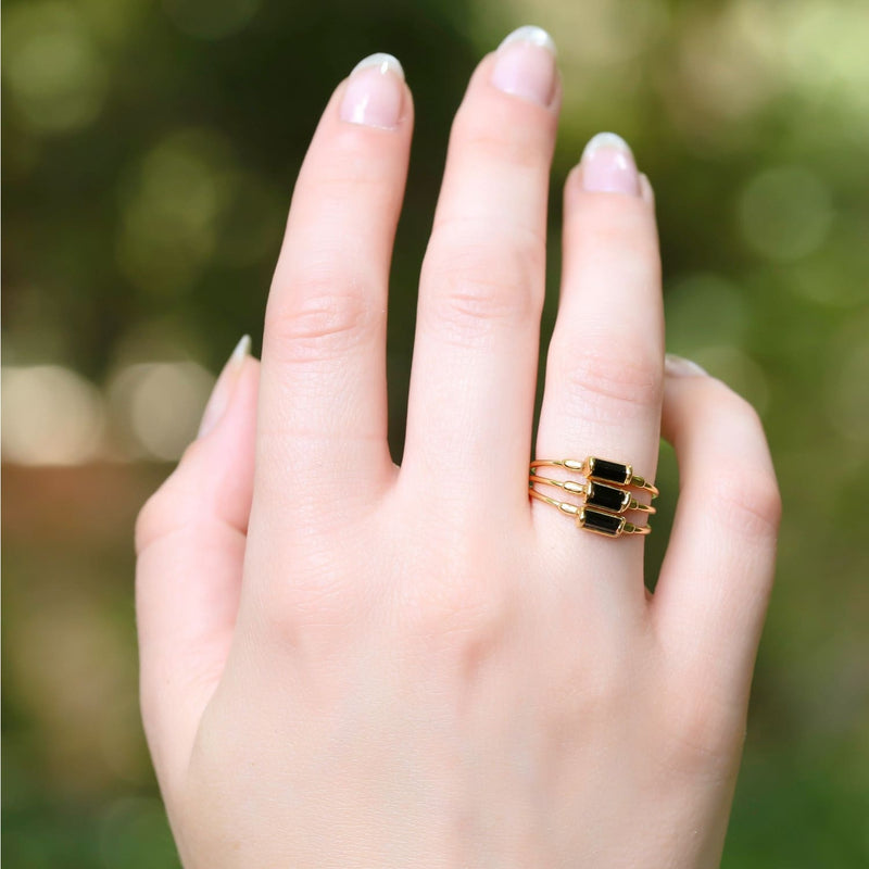Dainty Black Tourmaline Baguette Ring Raw Gemstone Jewelry