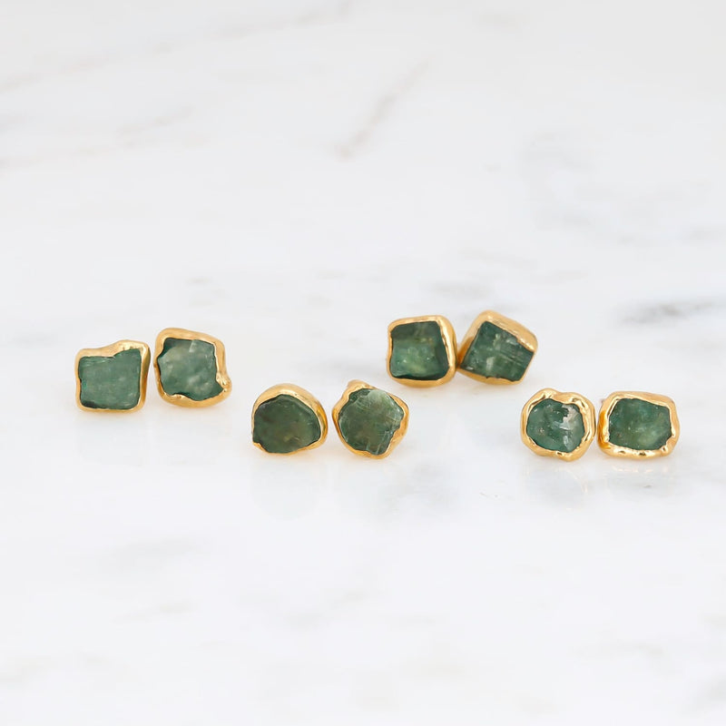Dainty Raw Emerald Stud Earrings in Yellow Gold Gemstone