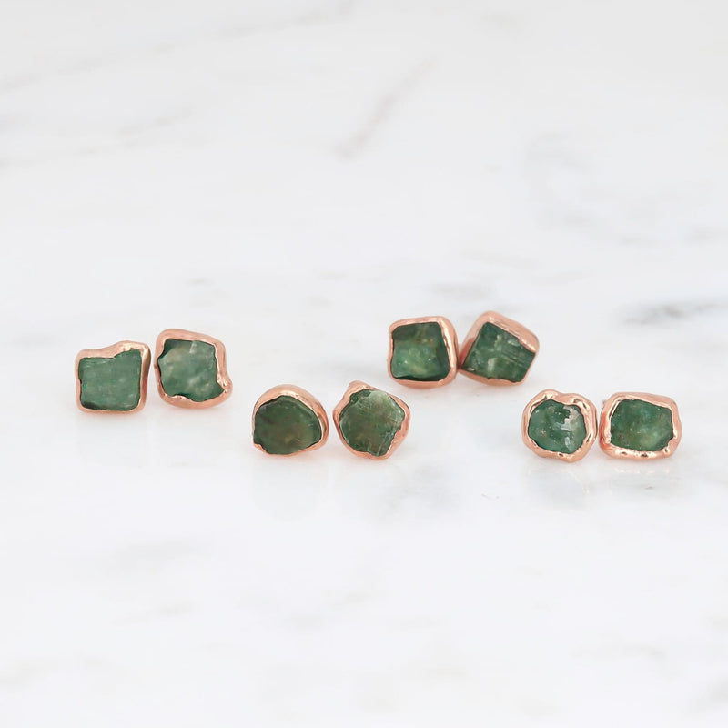 Dainty Raw Emerald Stud Earrings in Yellow Gold Gemstone