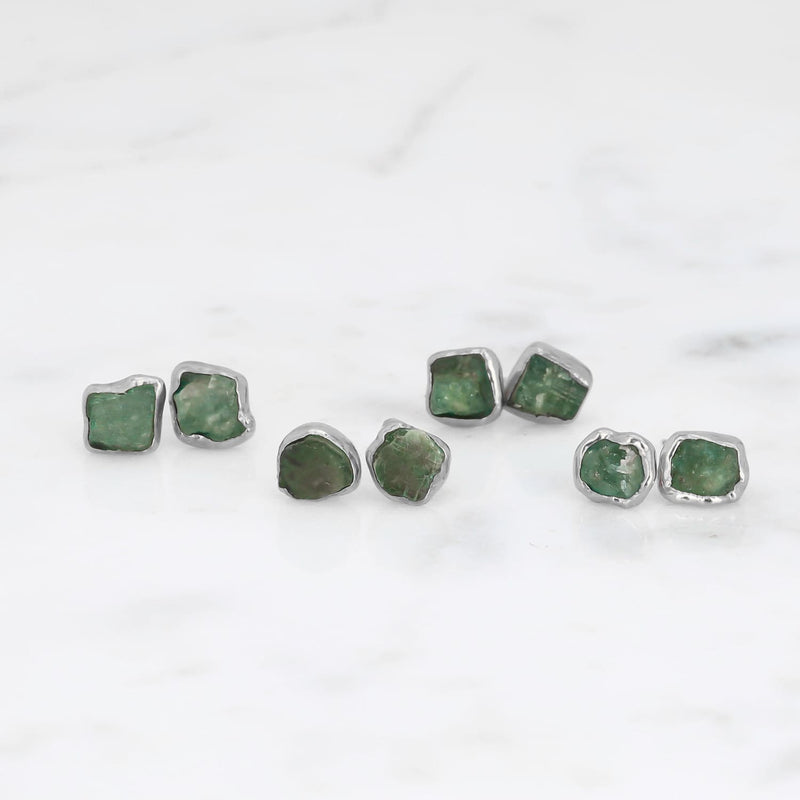 Dainty Raw Emerald Stud Earrings in Yellow Gold Gemstone