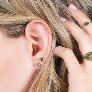 Dainty Raw Emerald Stud Earrings in Yellow Gold Gemstone