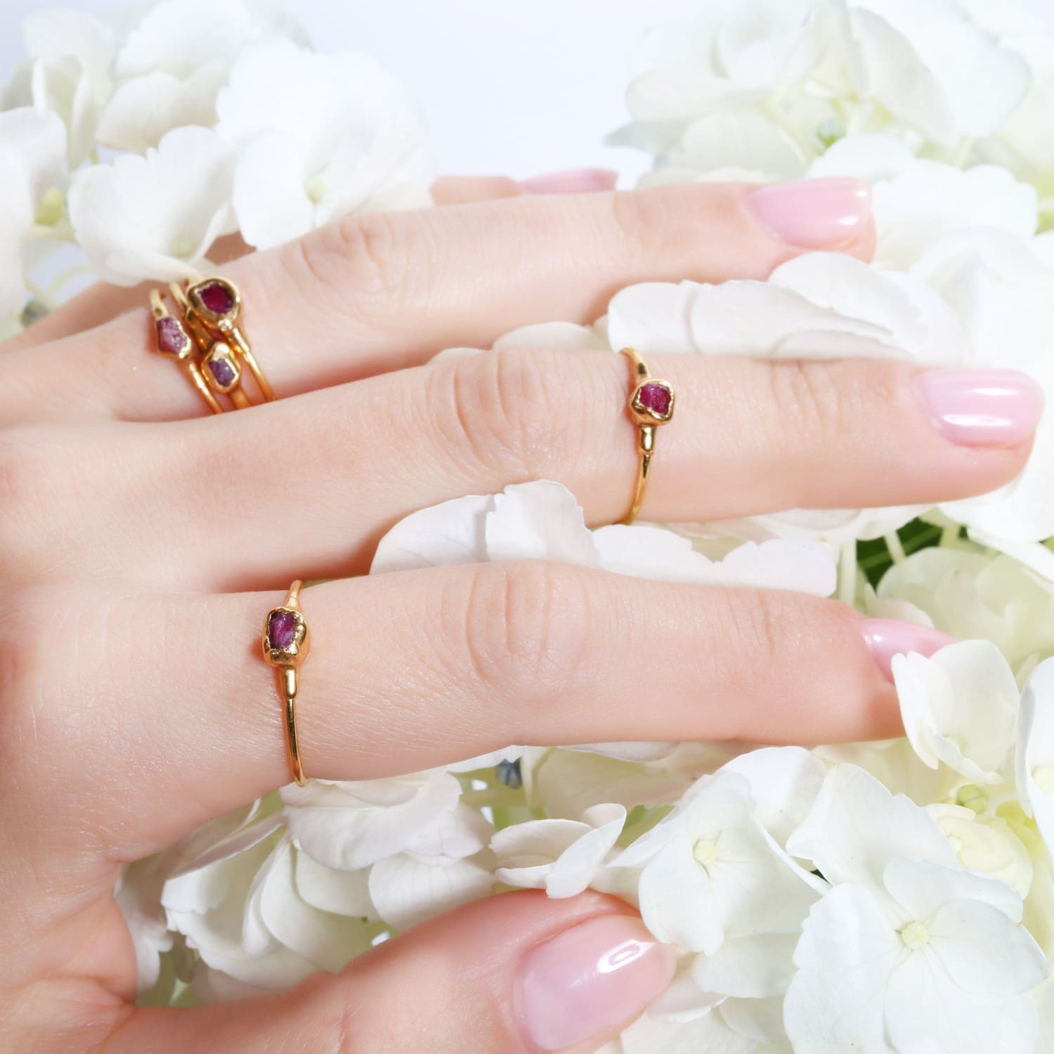 dainty raw ruby ring in rose gold
