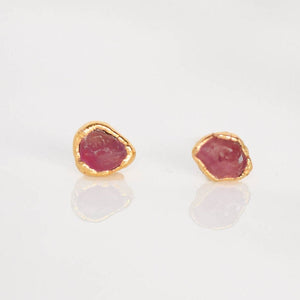 Dainty Raw Ruby Stud Earrings in Yellow Gold Gemstone