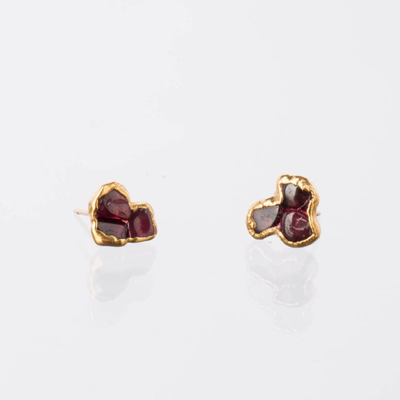 Dainty Raw Triple Garnet Cluster Stud Earrings Gemstone