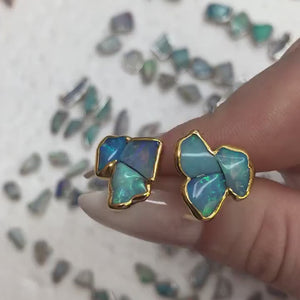 Mini Raw Opal Cluster Stud Earrings, Gold Earrings, Opal Earrings, Raw Stone Earrings, Unique Gift, Dainty Earrings, October Birthstone