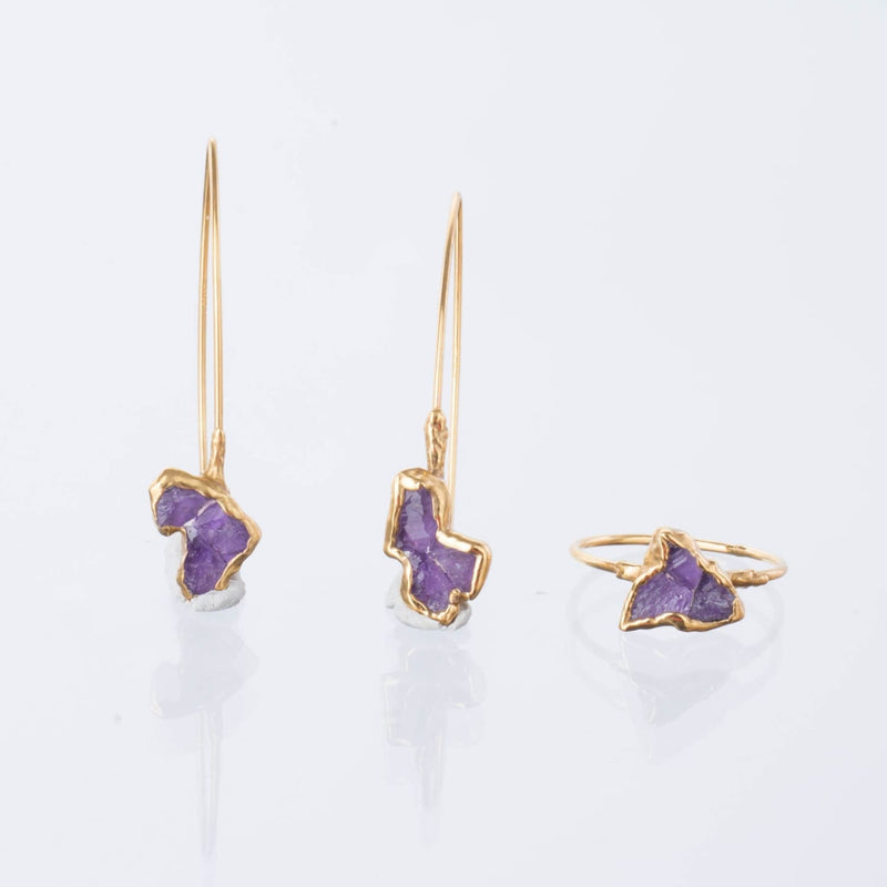 Edgy Fleur Raw Amethyst Cluster Drop Earrings Gemstone