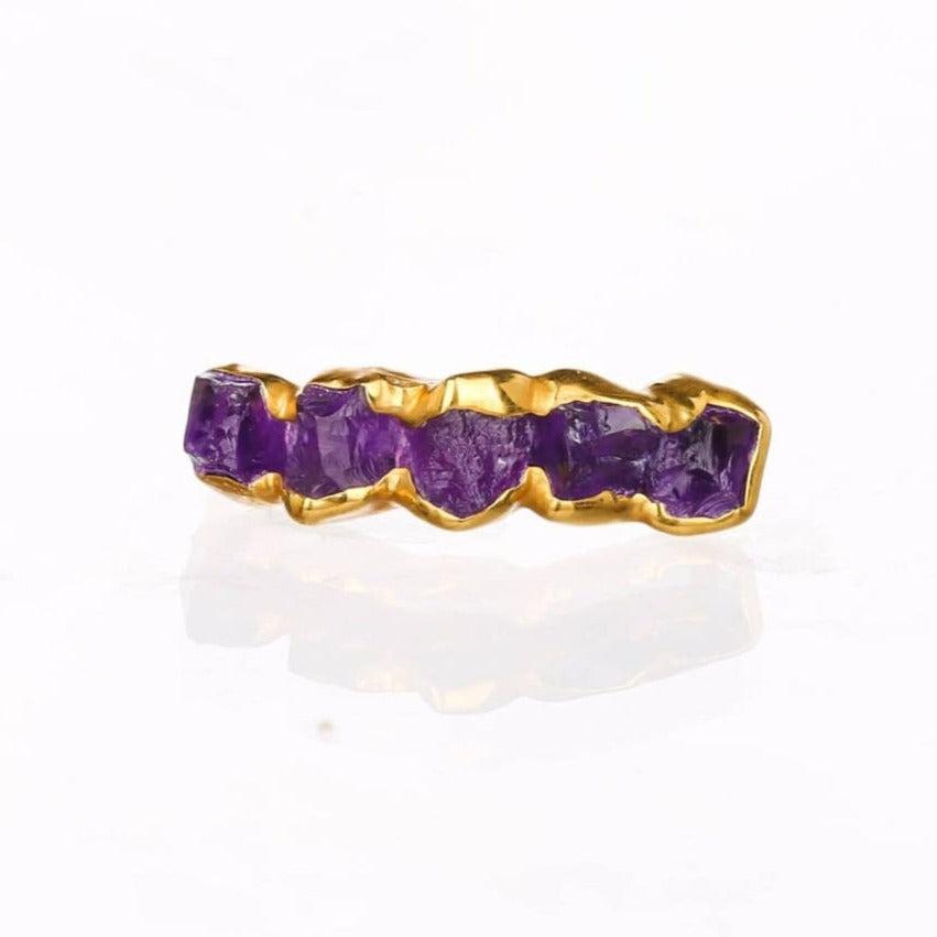 Five Stone Raw Amethyst Ring Gemstone Jewelry Rough Crystal