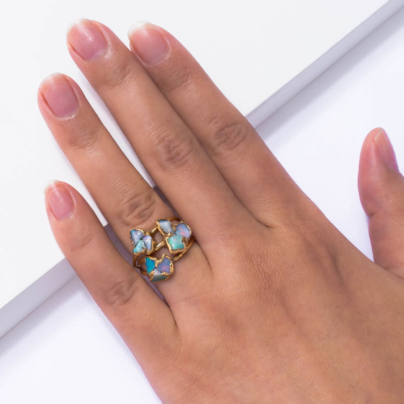 Fleur Three Stone Raw Australian Opal Cluster Ring Gemstone
