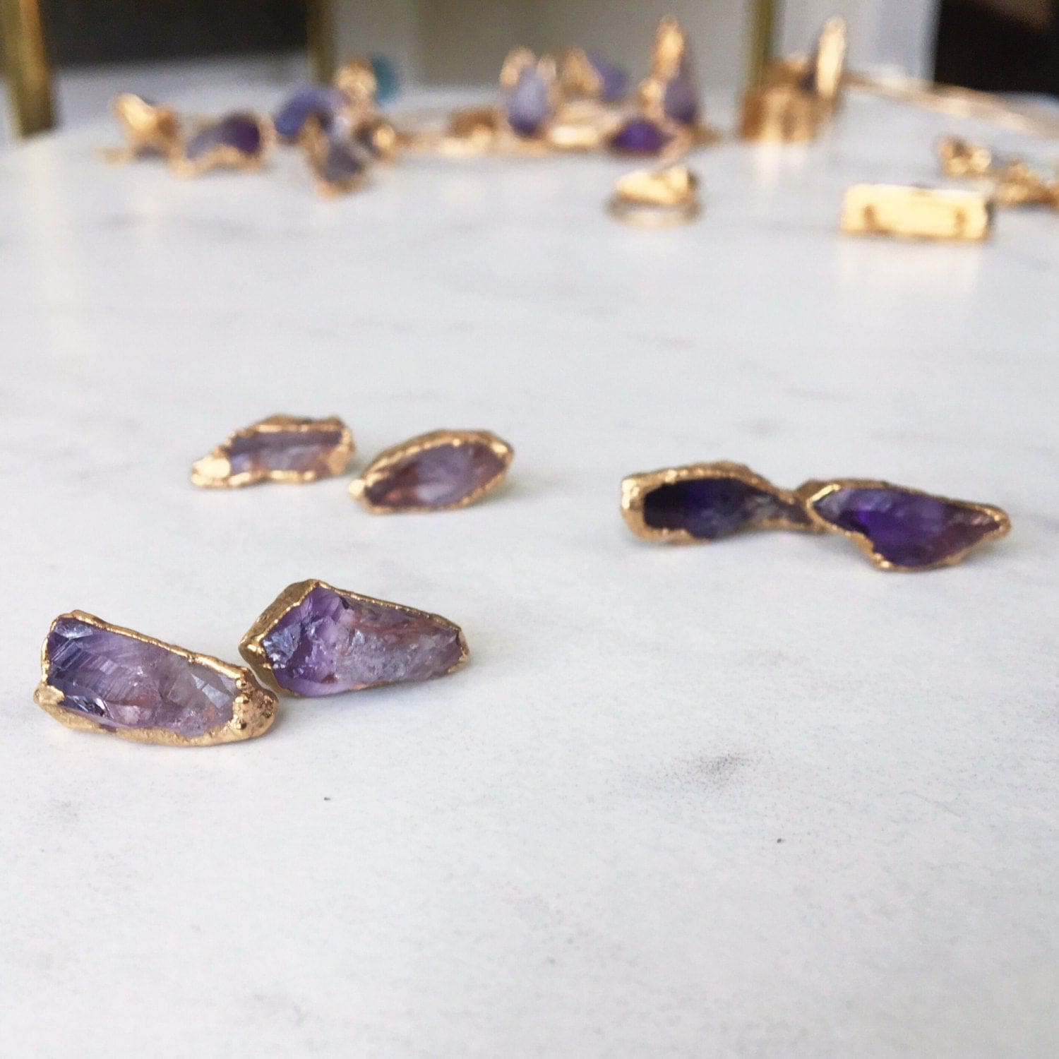 Large Raw Amethyst Stud Earrings in Rose Gold Gemstone