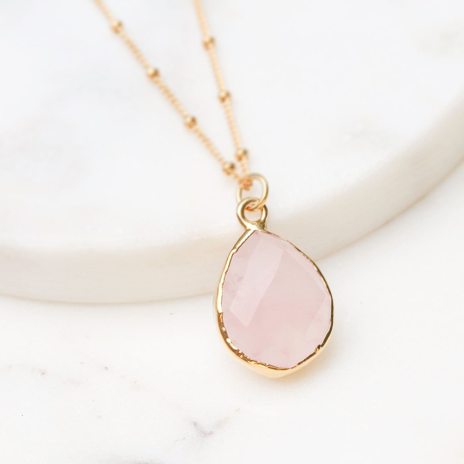 Pink Quartz Gemstone Necklace with A Gold Chain
