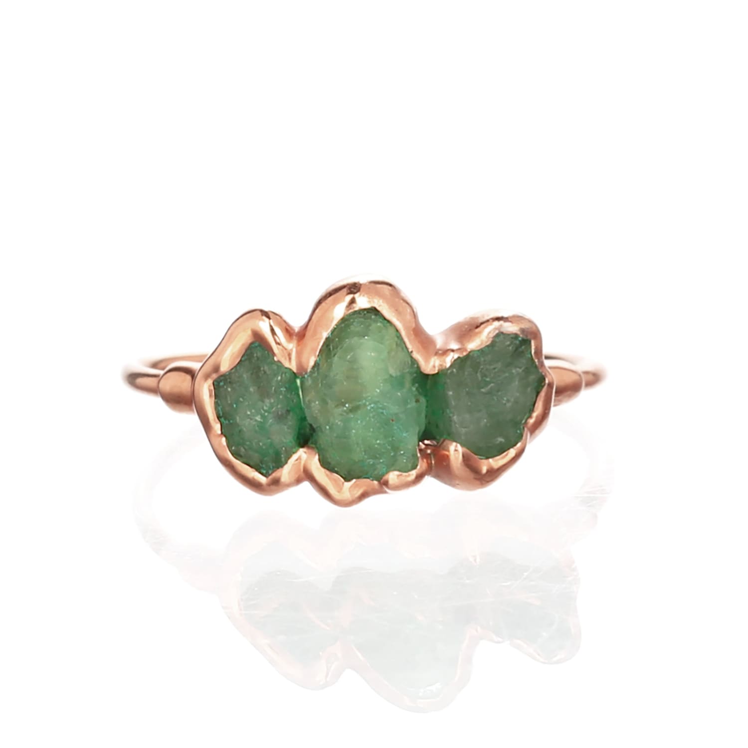 Large Three Stone Raw Emerald Ring in Rose Gold Gemstone