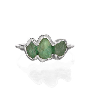 Large Three Stone Raw Emerald Ring in Sterling Silver