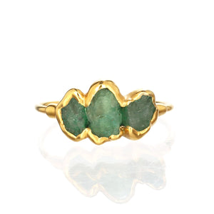 Large Three Stone Raw Emerald Ring in Yellow Gold Gemstone