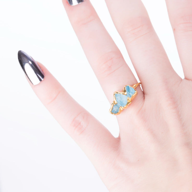 New Triple Raw Aquamarine Ring Gemstone Jewelry Rough