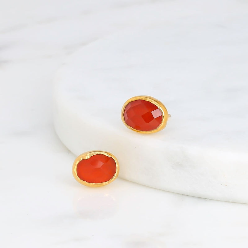 Oval Rosecut Raw Carnelian Earrings Studs Dainty Gemstone