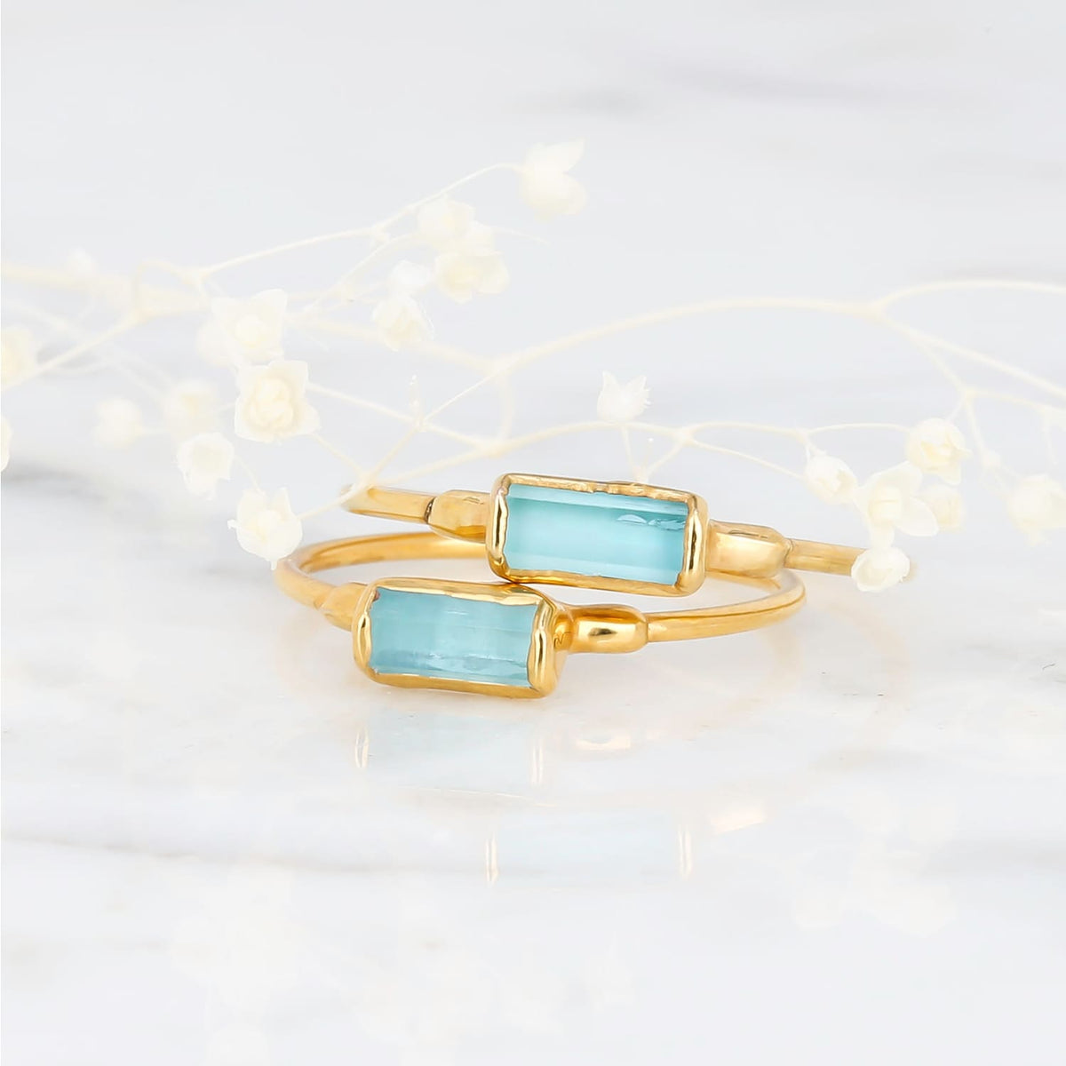 Raw Aquamarine Baguette Ring Gemstone Jewelry Rough Crystal