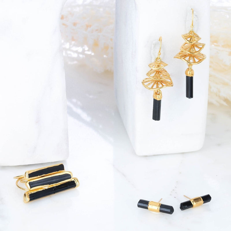 Raw Black Tourmaline Mushroom Earrings Gemstone Jewelry