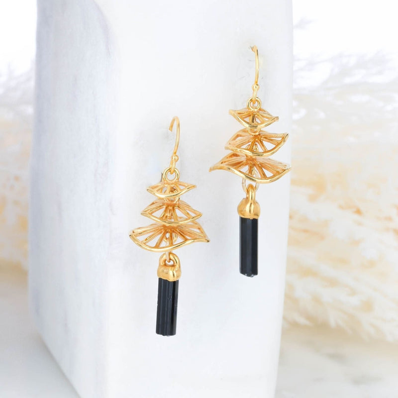 Raw Black Tourmaline Mushroom Earrings Gemstone Jewelry