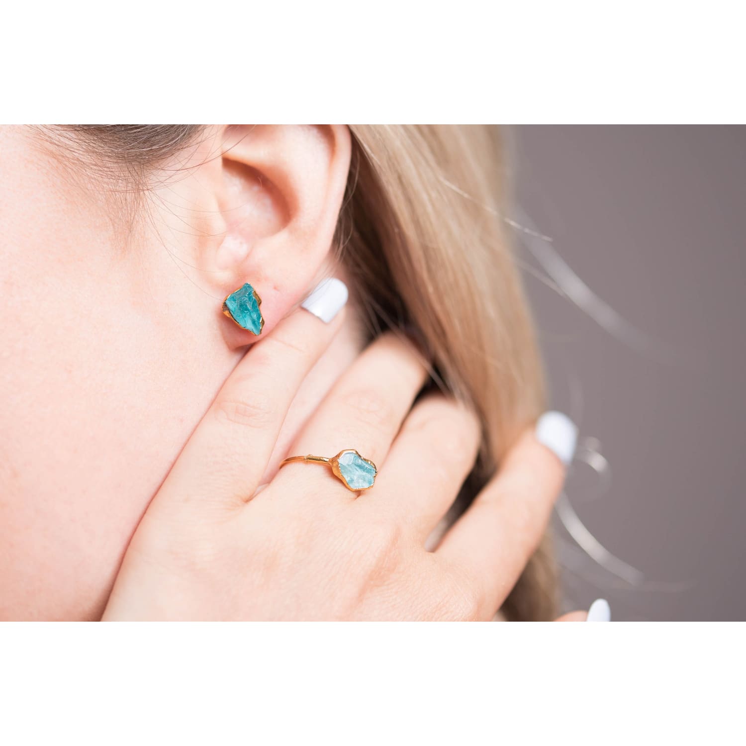 Raw Blue Apatite Ring in Rose Gold Petite Crystal Gold,