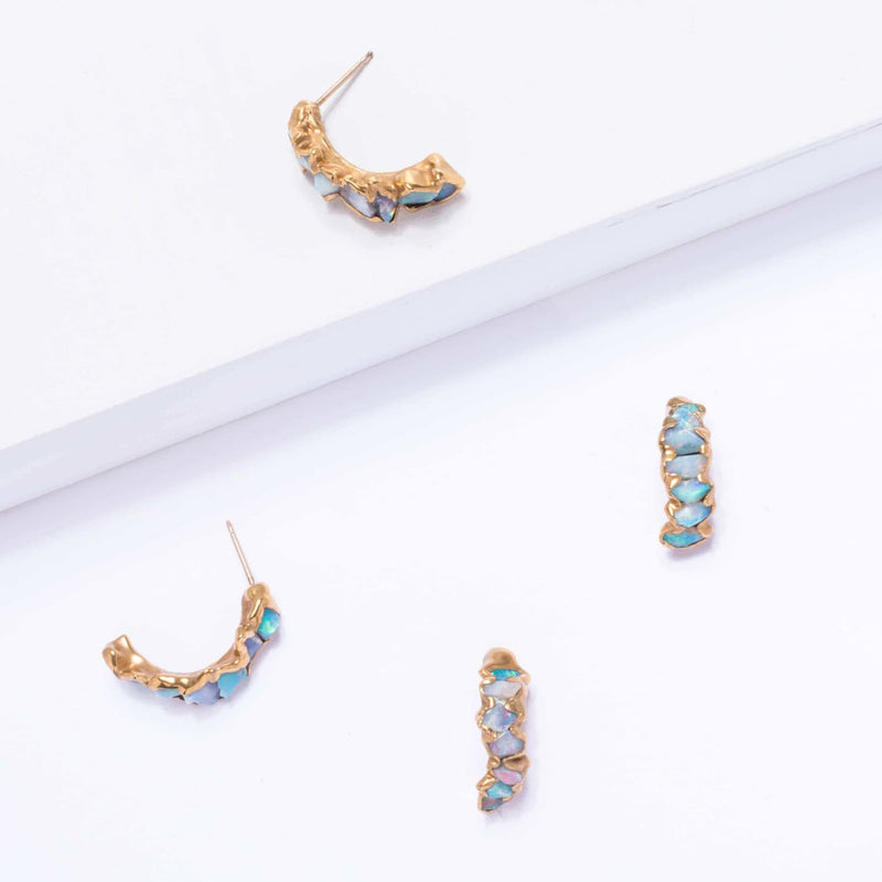 Raw Opal Half Hoop Cluster Earrings Gemstone Jewelry Rough
