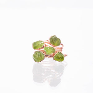 Raw Peridot Ring in Rose Gold Gemstone Jewelry Rough Crystal