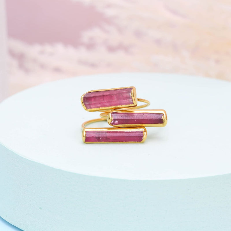Raw Pink Tourmaline Bar Ring Rubellite Gemstone Jewelry