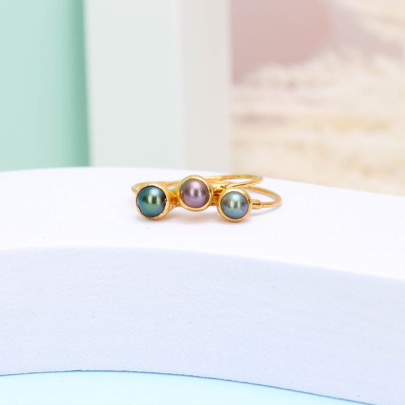 Silver Black Pearl Ring Dainty Boho Ring, Raw Gemstone