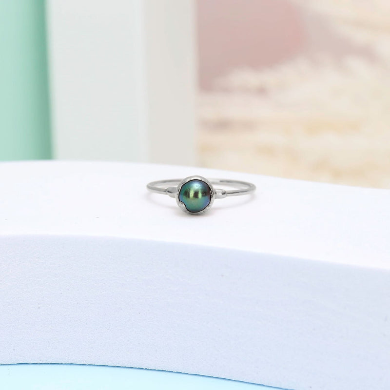 Silver Black Pearl Ring Dainty Boho Ring, Raw Gemstone