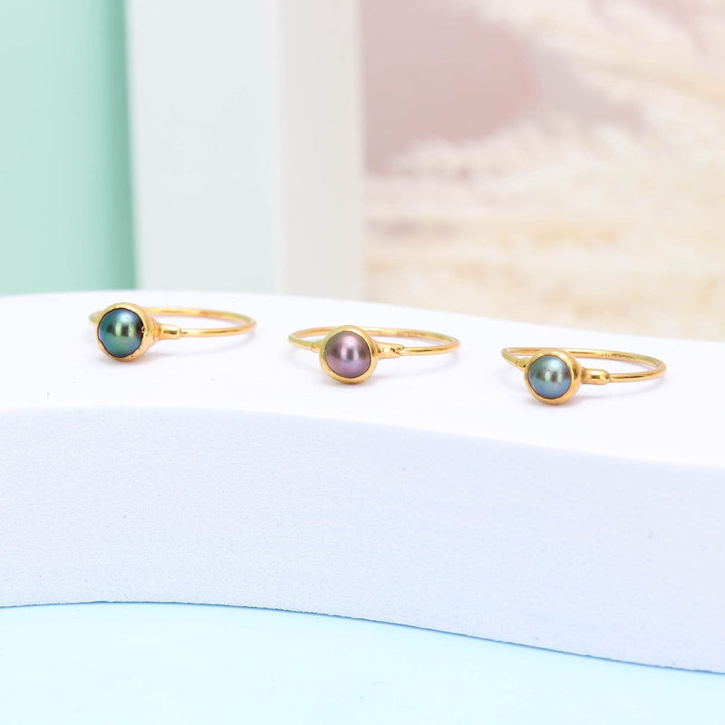 Silver Black Pearl Ring Dainty Boho Ring, Raw Gemstone
