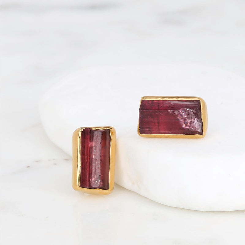 STATEMENT Raw Pink Tourmaline Earrings Chunky Stone Gemstone
